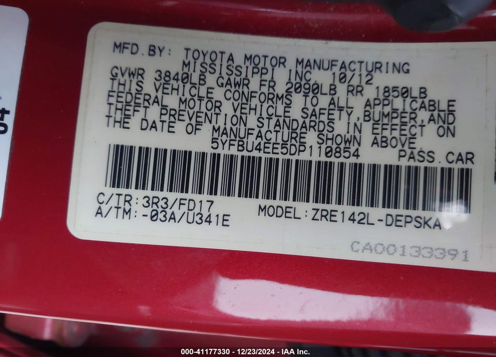 2013 TOYOTA COROLLA S VIN: 5YFBU4EE5DP110854