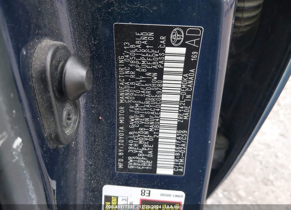 2013 TOYOTA COROLLA L VIN: 2T1BU4EE4DC069780