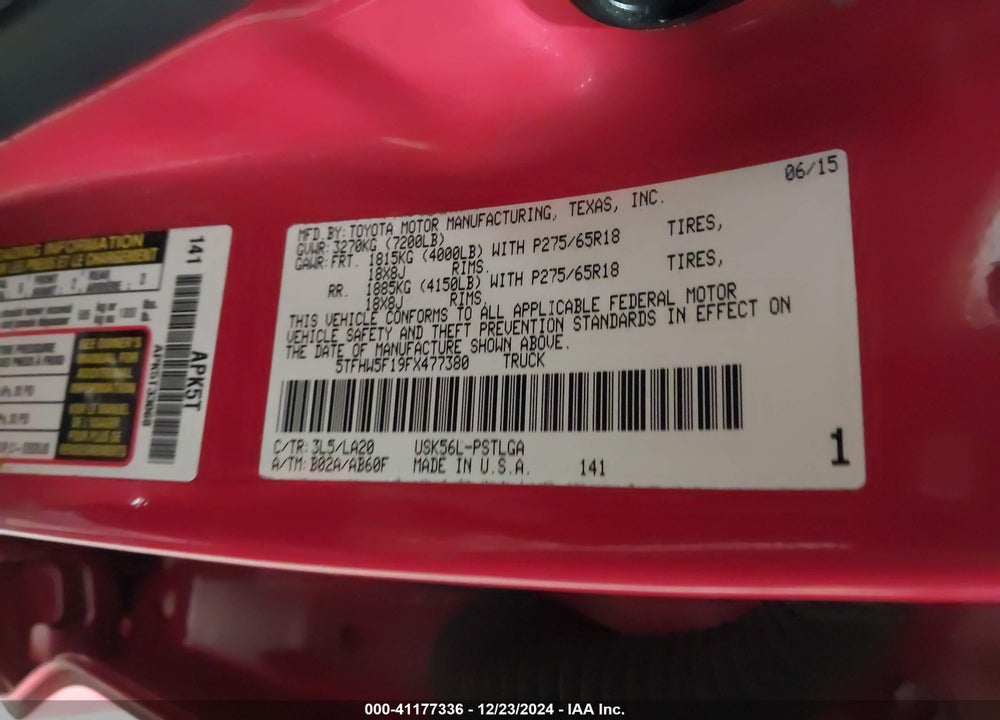 2015 TOYOTA TUNDRA VIN: 5TFHW5F19FX477380