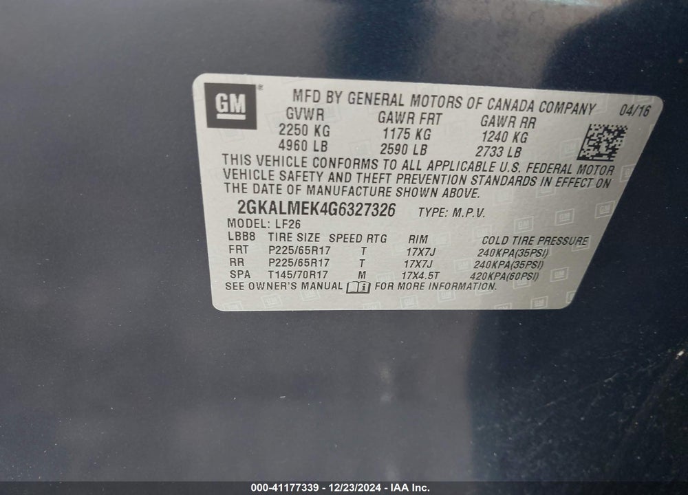 2016 GMC TERRAIN VIN: 2GKALMEK4G6327326