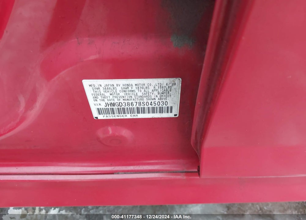 2008 HONDA FIT SPORT VIN: JHMGD38678S045030