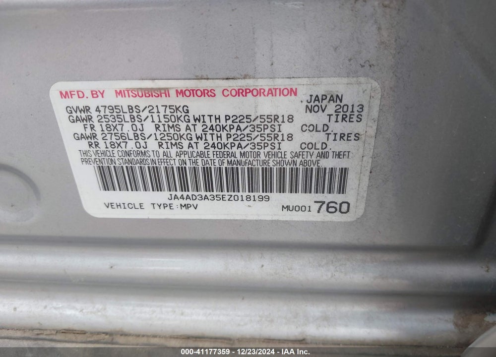 2014 MITSUBISHI OUTLANDER SE VIN: JA4AD3A35EZ018199