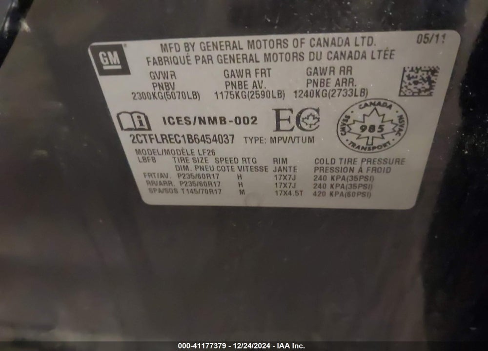 2011 GMC TERRAIN SLE-1 VIN: 2CTFLREC1B6454037