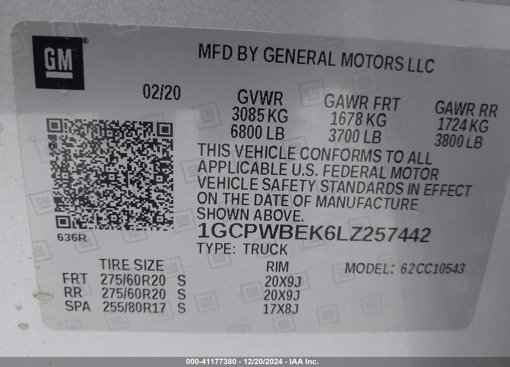 2020 CHEVROLET SILVERADO 1500 VIN: 1GCPWBEK6LZ257442