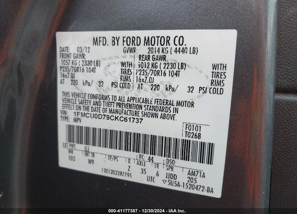 2012 FORD ESCAPE XLT VIN: 1FMCU0D79CKC61737