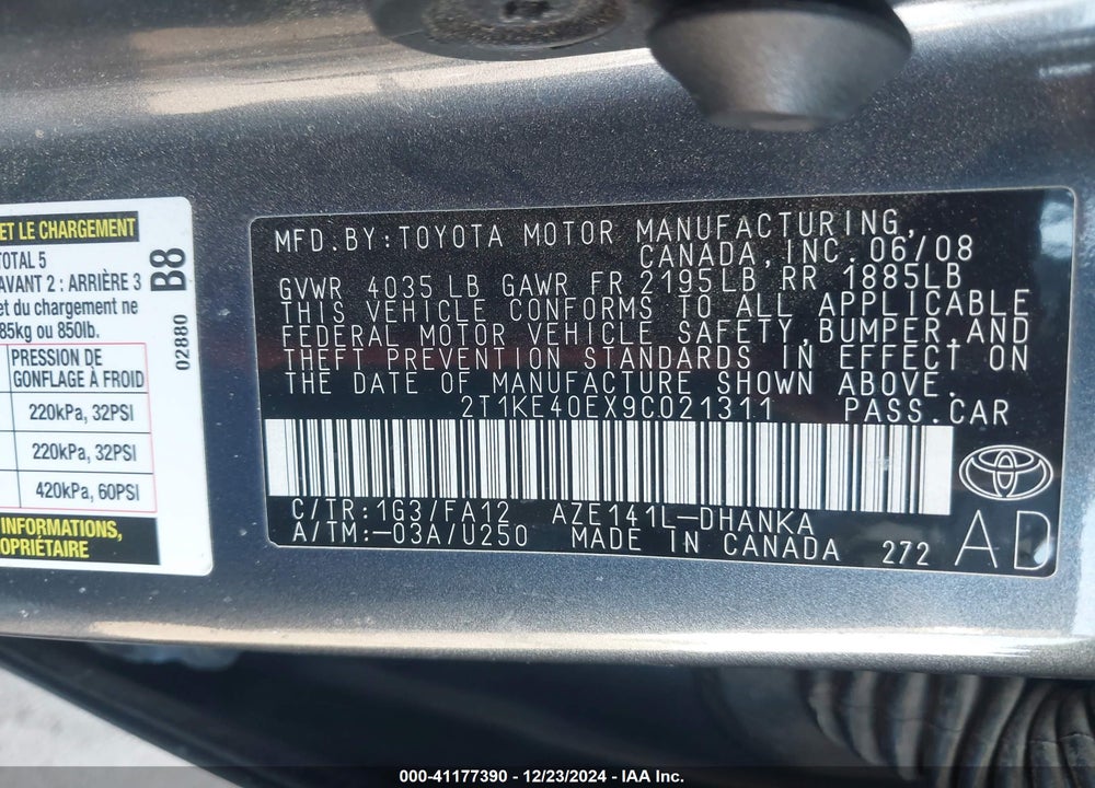 2009 TOYOTA MATRIX S VIN: 2T1KE40EX9C021311