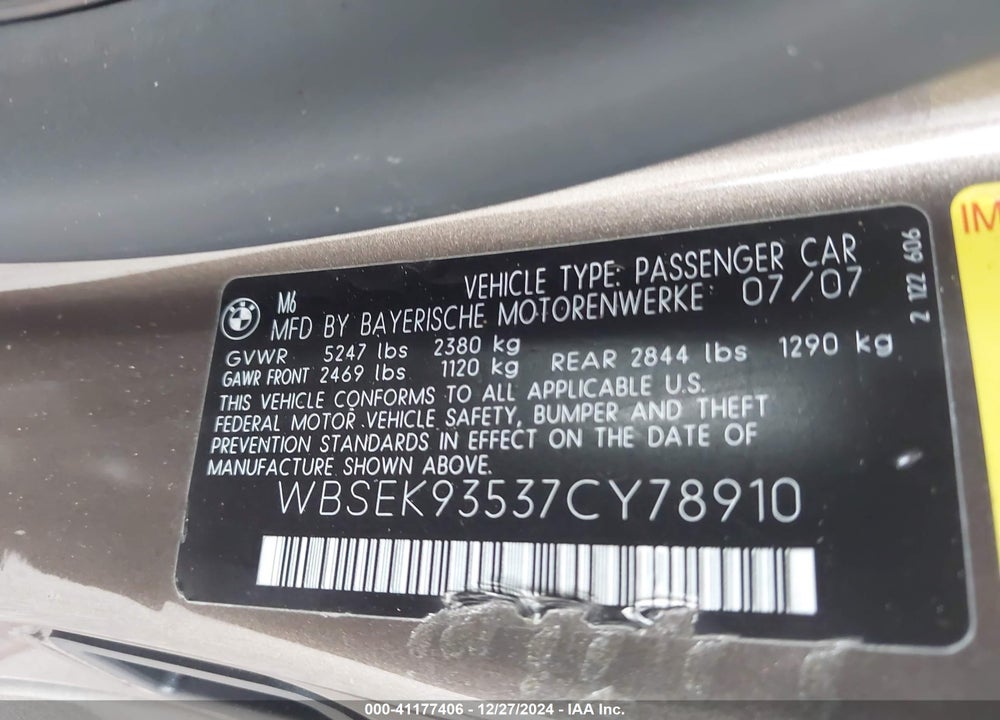 2007 BMW M6 VIN: WBSEK93537CY78910