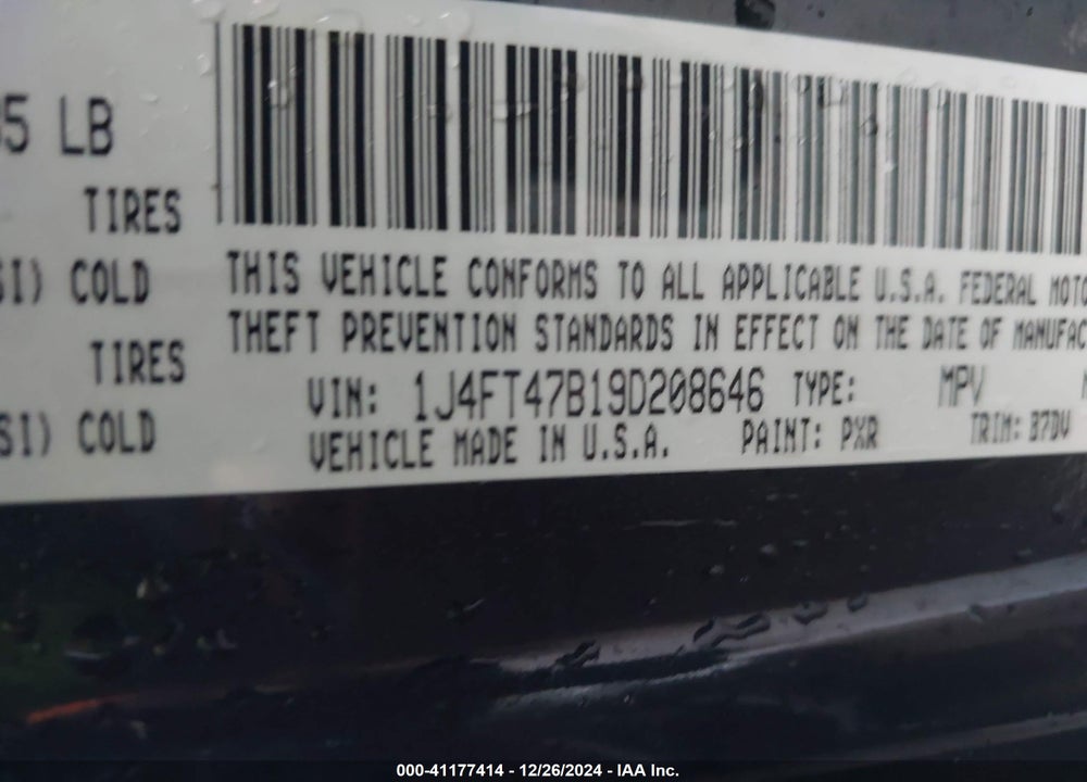 2009 JEEP COMPASS SPORT VIN: 1J4FT47B19D208646