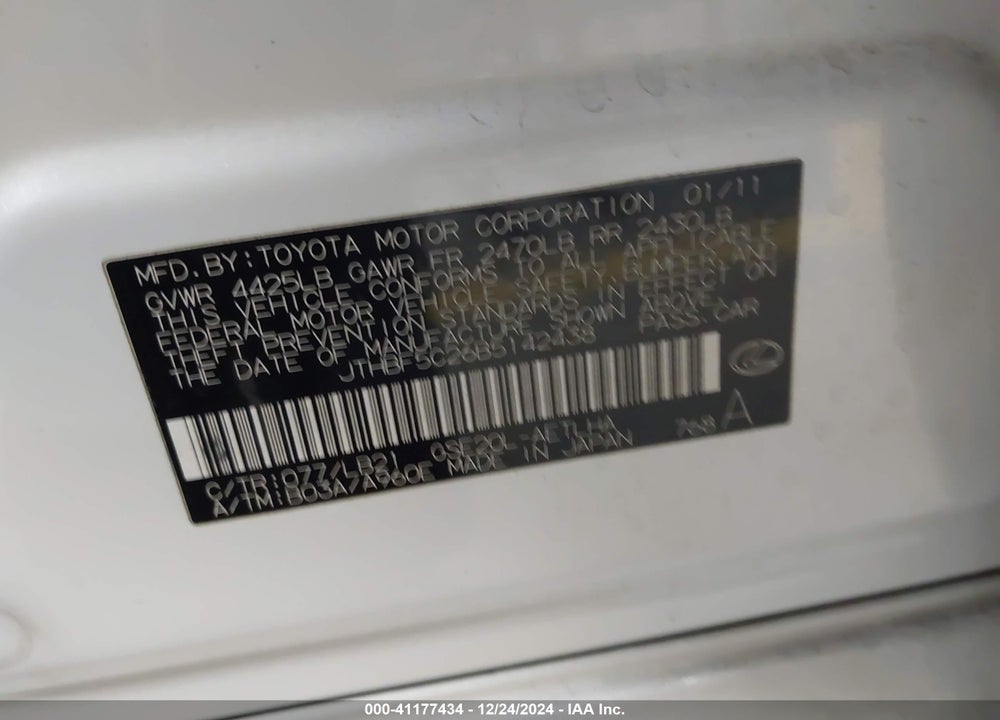 2011 LEXUS IS 250 VIN: JTHBF5C26B5142438