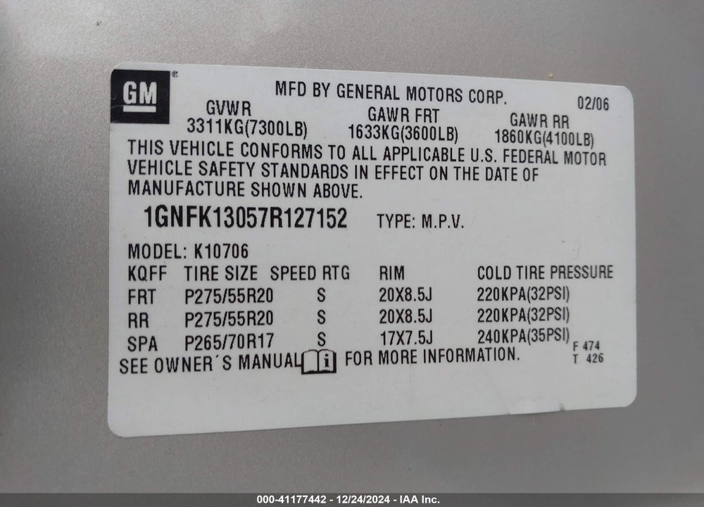 2007 CHEVROLET TAHOE VIN: 1GNFK13057R127152