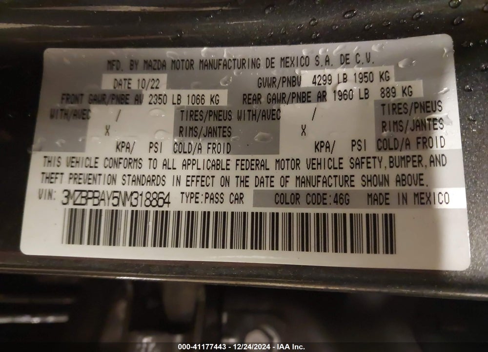 2022 MAZDA 3 VIN: 3MZBPBAY5NM318864