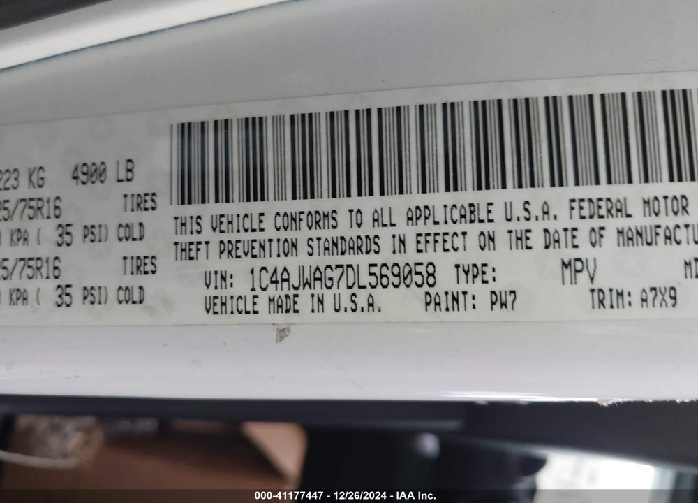 2013 JEEP WRANGLER / VIN: 1C4AJWAG7DL569058