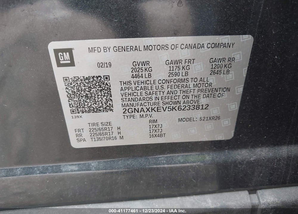 2019 CHEVROLET EQUINOX LT VIN: 2GNAXKEV5K6233812
