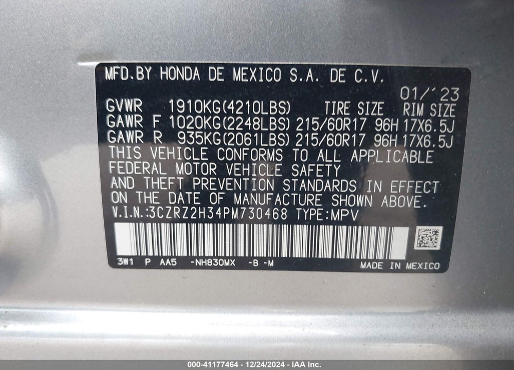 2023 HONDA HR-V AWD LX VIN: 3CZRZ2H34PM730468