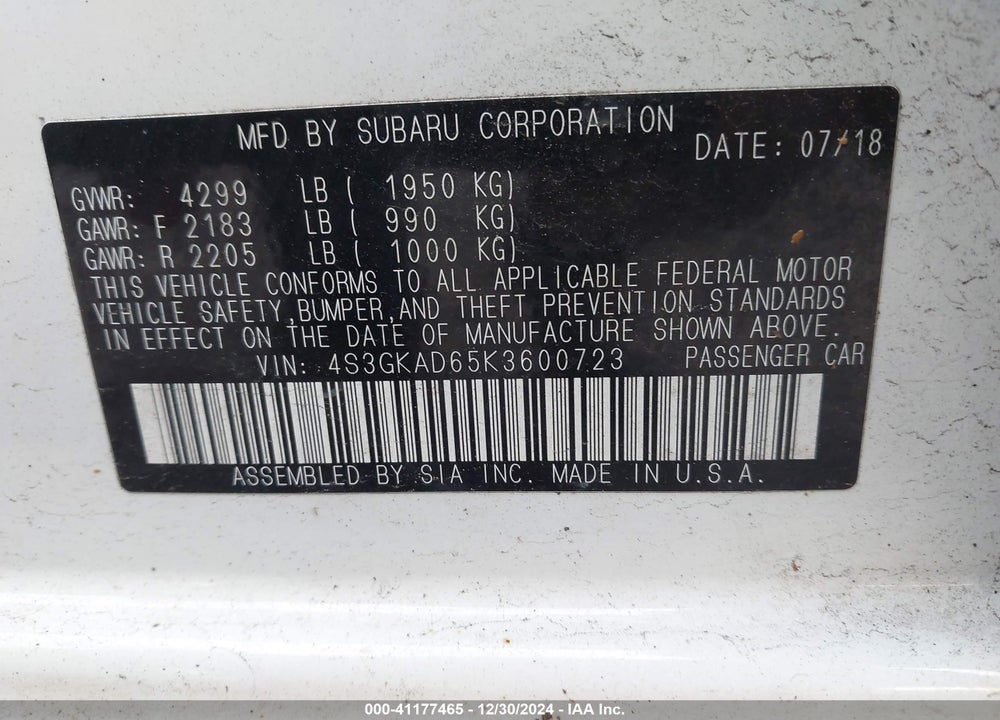 2019 SUBARU IMPREZA 2.0I PREMIUM VIN: 4S3GKAD65K3600723