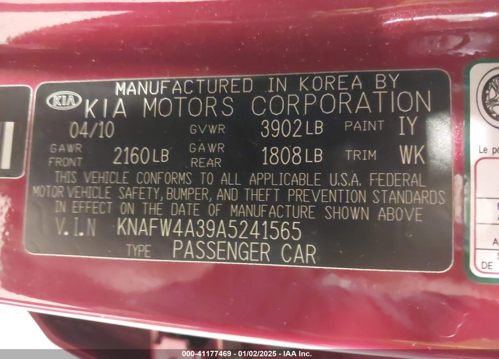 2010 KIA FORTE SX VIN: KNAFW4A39A5241565