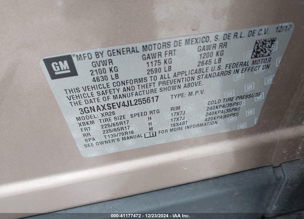 2018 CHEVROLET EQUINOX LT VIN: 3GNAXSEV4JL255617
