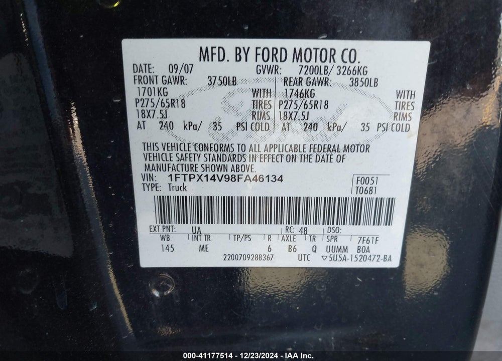2008 FORD F-150 VIN: 1FTPX14V98FA46134