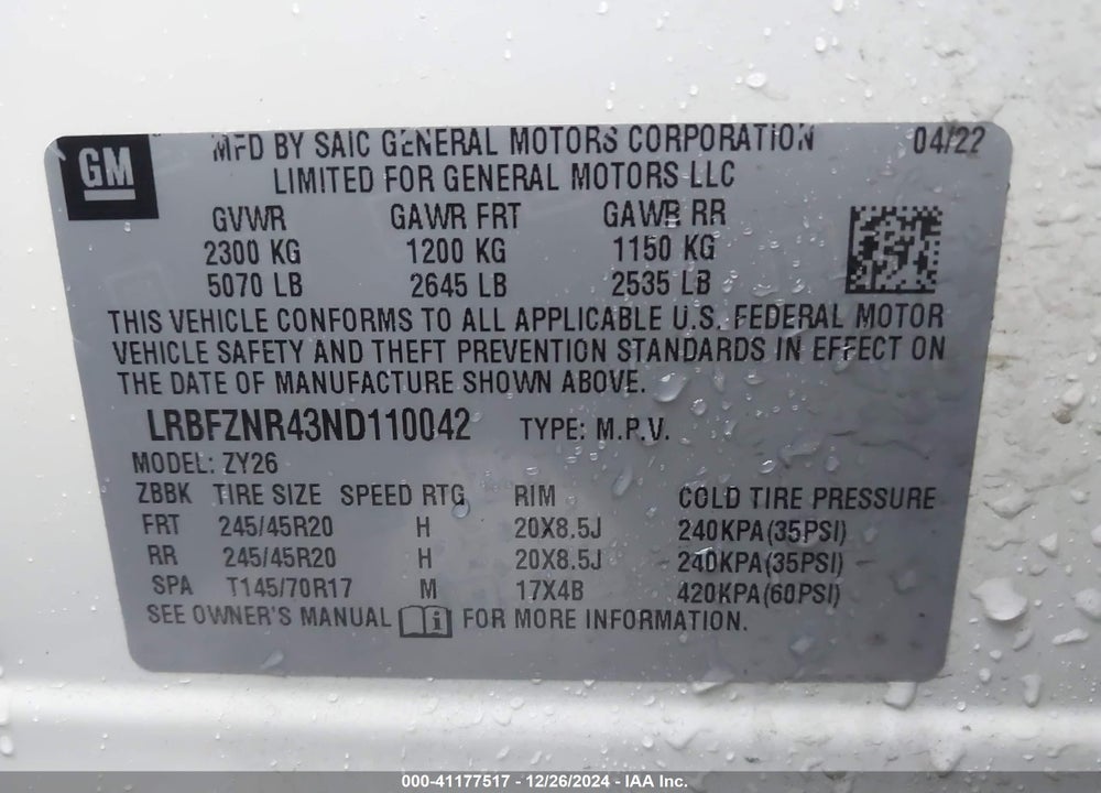 2022 BUICK ENVISION FWD ESSENCE VIN: LRBFZNR43ND110042