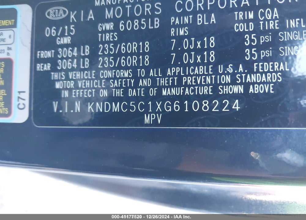2016 KIA SEDONA EX VIN: KNDMC5C1XG6108224