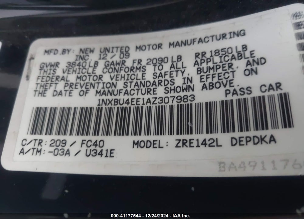 2010 TOYOTA COROLLA LE VIN: 1NXBU4EE1AZ307983