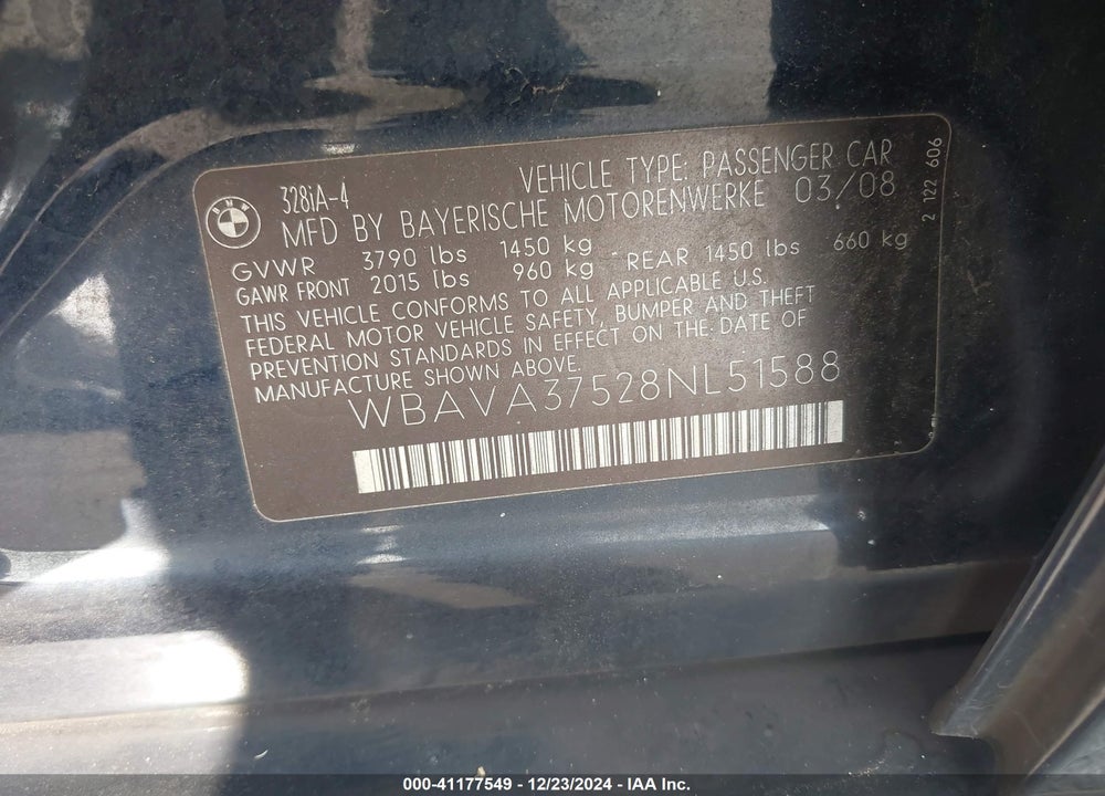 2008 BMW 328I VIN: WBAVA37528NL51588