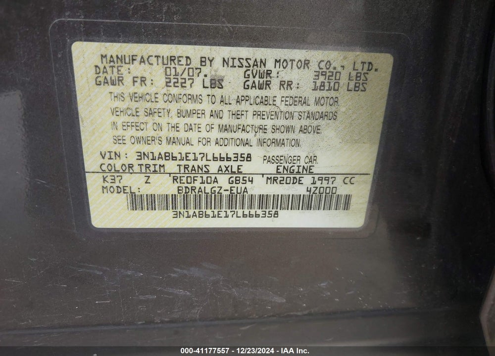 2007 NISSAN SENTRA 2.0SL VIN: 3N1AB61E17L666358