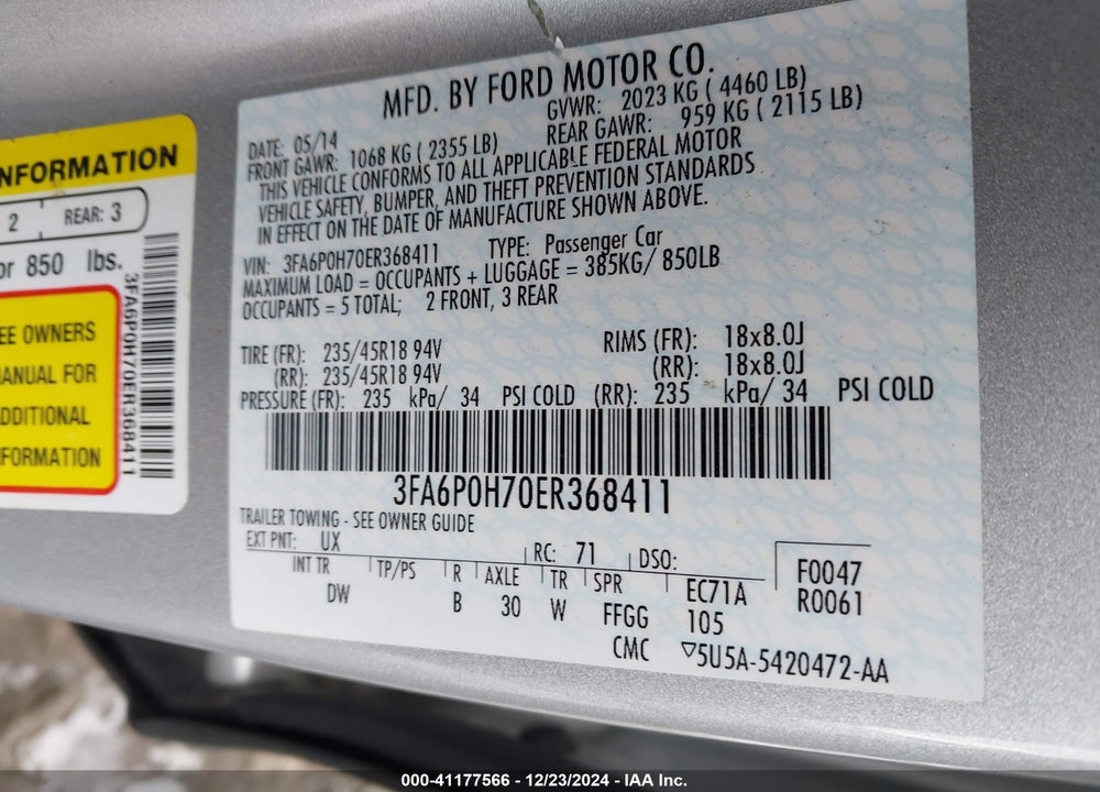 2014 FORD FUSION SE VIN: 3FA6P0H70ER368411