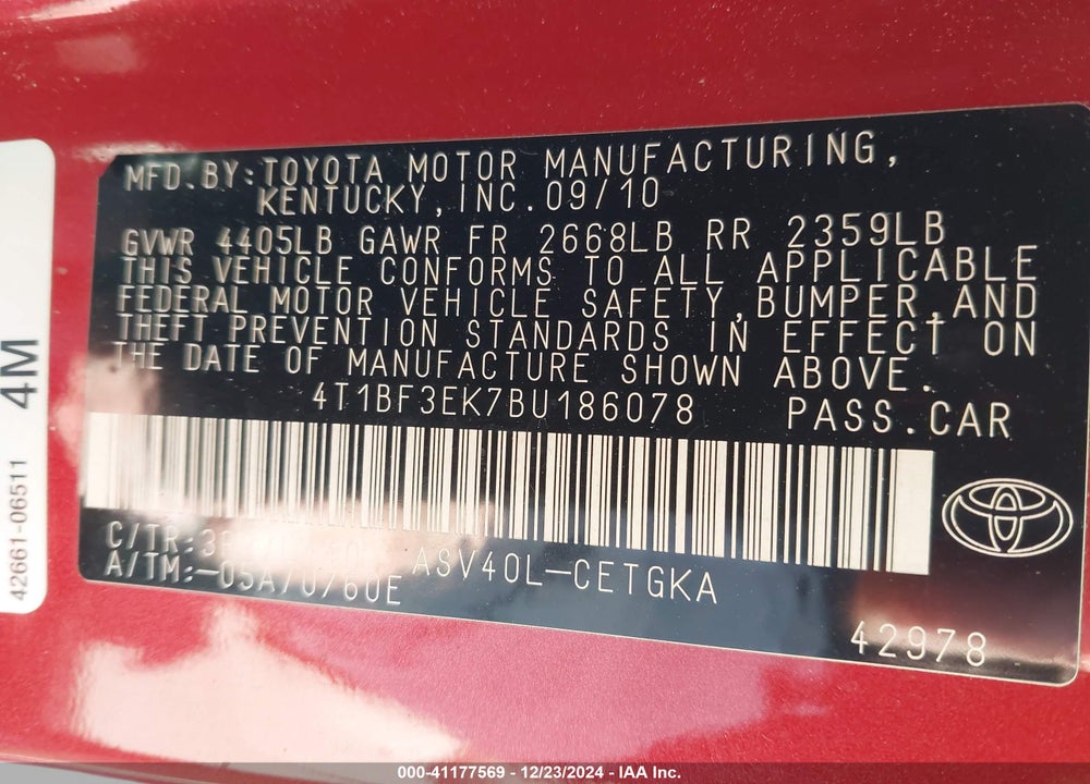 2011 TOYOTA CAMRY XLE VIN: 4T1BF3EK7BU186078
