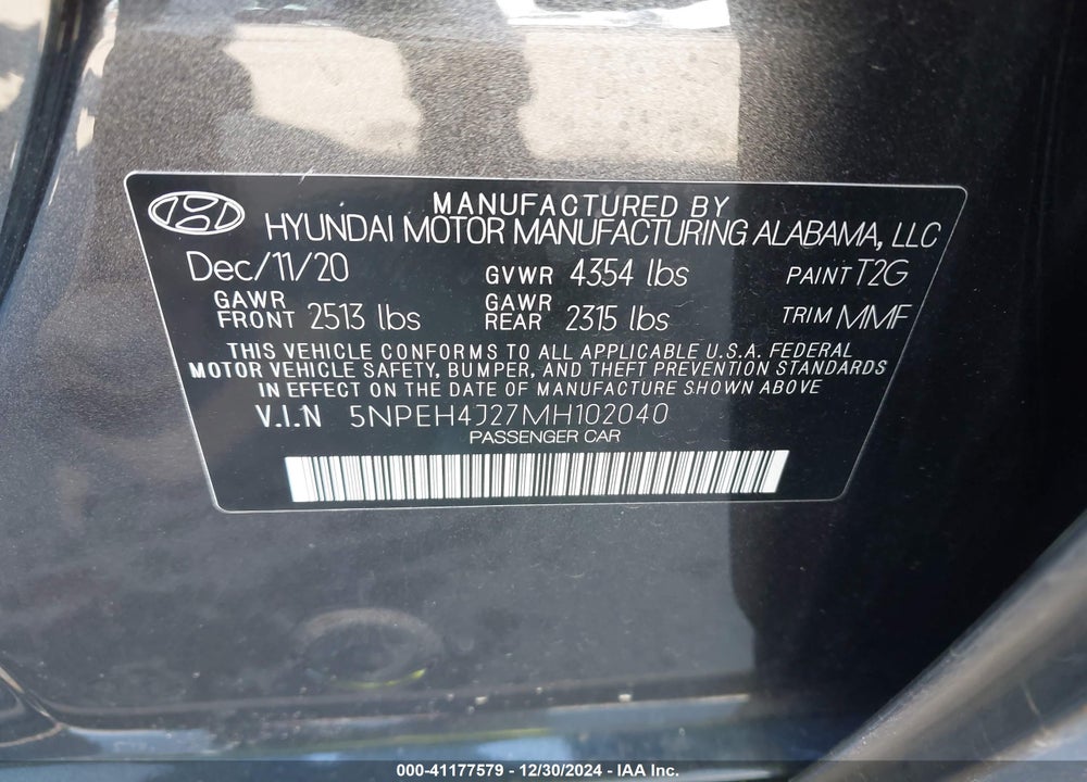 2021 HYUNDAI SONATA VIN: 5NPEH4J27MH102040