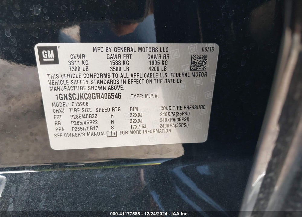 2016 CHEVROLET SUBURBAN LTZ VIN: 1GNSCJKC9GR406546