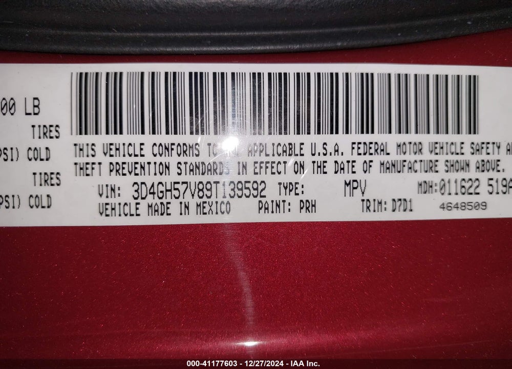 2009 DODGE JOURNEY SXT VIN: 3D4GH57V89T139592