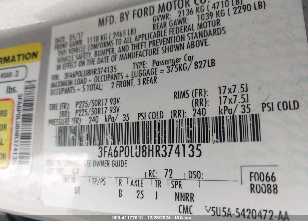2017 FORD FUSION HYBRID VIN: 3FA6P0LU8HR374135