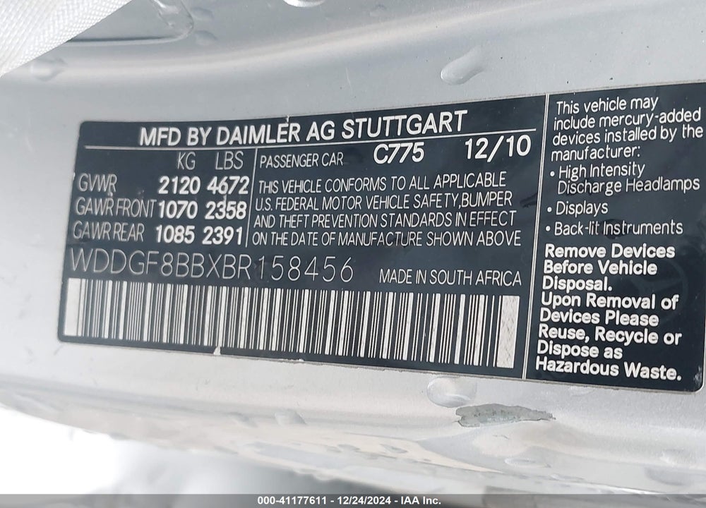 2011 MERCEDES-BENZ C 300 LUXURY 4MATIC/SPORT 4MATIC VIN: WDDGF8BBXBR158456