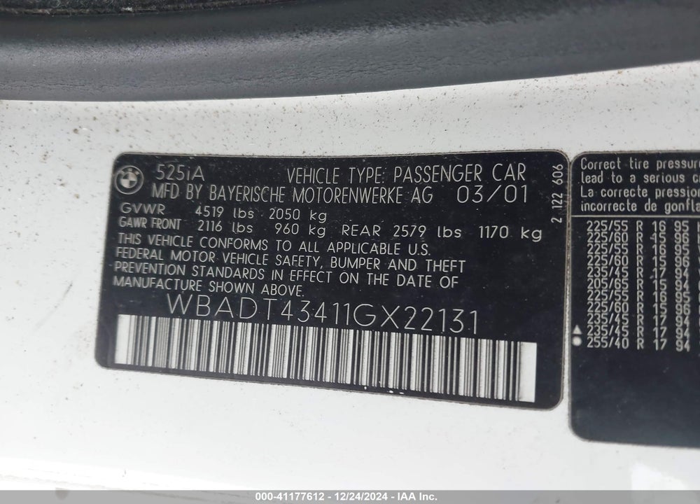 2001 BMW 525IA VIN: WBADT43411GX22131