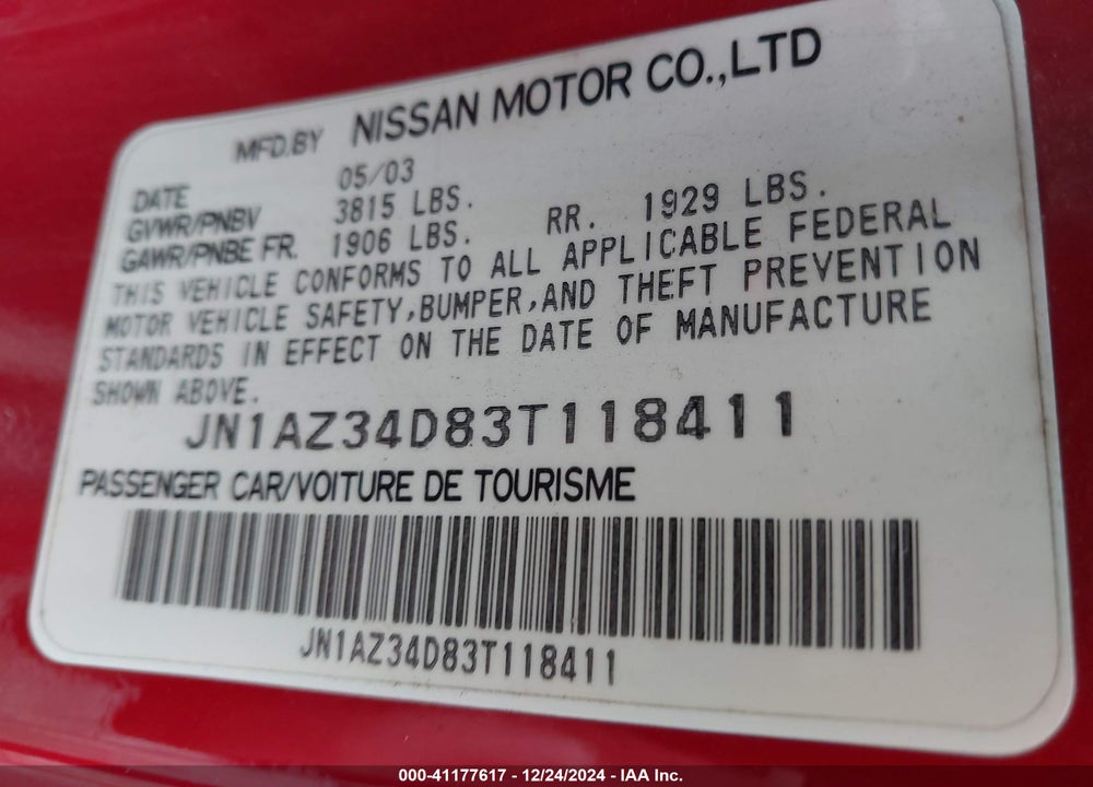 2003 NISSAN 350Z TOURING VIN: JN1AZ34D83T118411