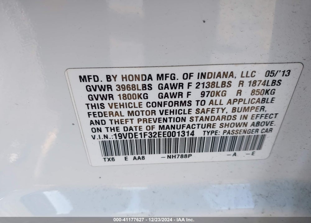 2014 ACURA ILX 2.0L VIN: 19VDE1F32EE001314