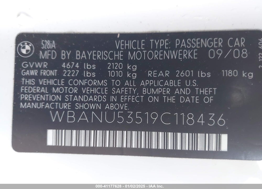 2009 BMW 528I VIN: WBANU53519C118436