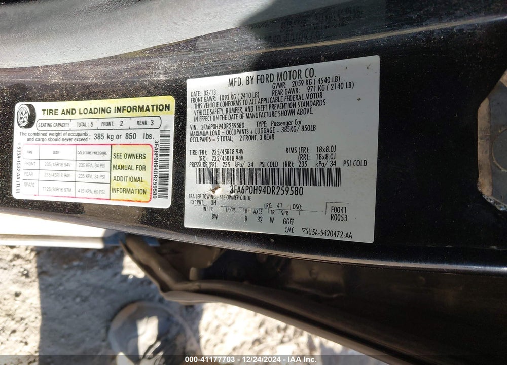 2013 FORD FUSION VIN: 3FA6P0H94DR259580