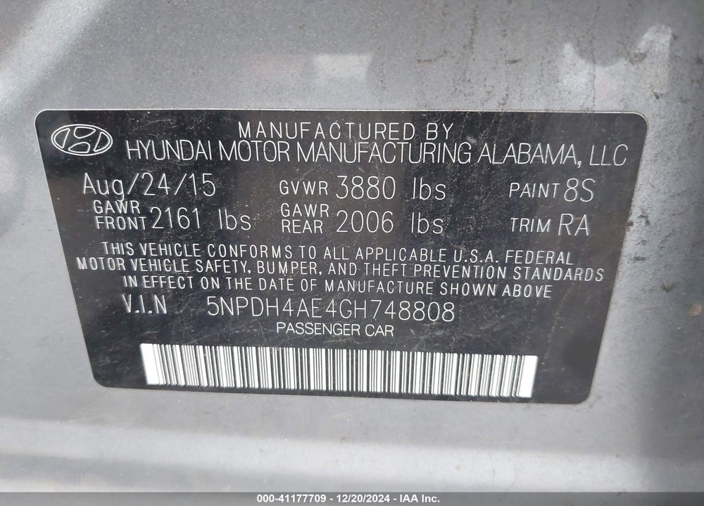 2016 HYUNDAI ELANTRA SE VIN: 5NPDH4AE4GH748808