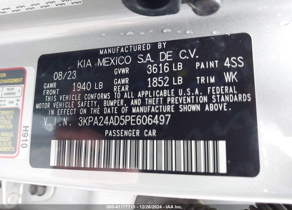 2023 KIA RIO VIN: 3KPA24AD5PE606497