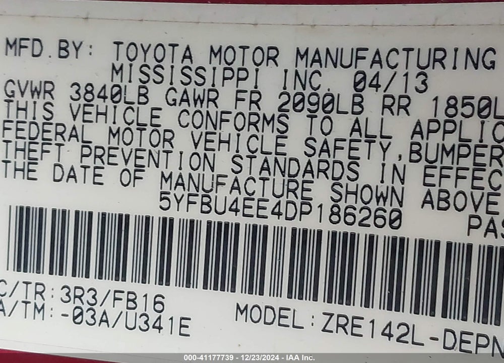 2013 TOYOTA COROLLA LE VIN: 5YFBU4EE4DP186260
