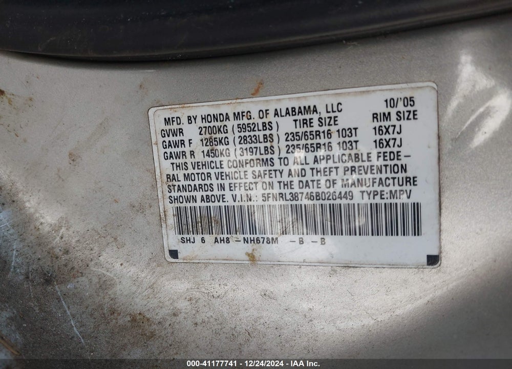 2006 HONDA ODYSSEY VIN: 5FNRL38746B026449