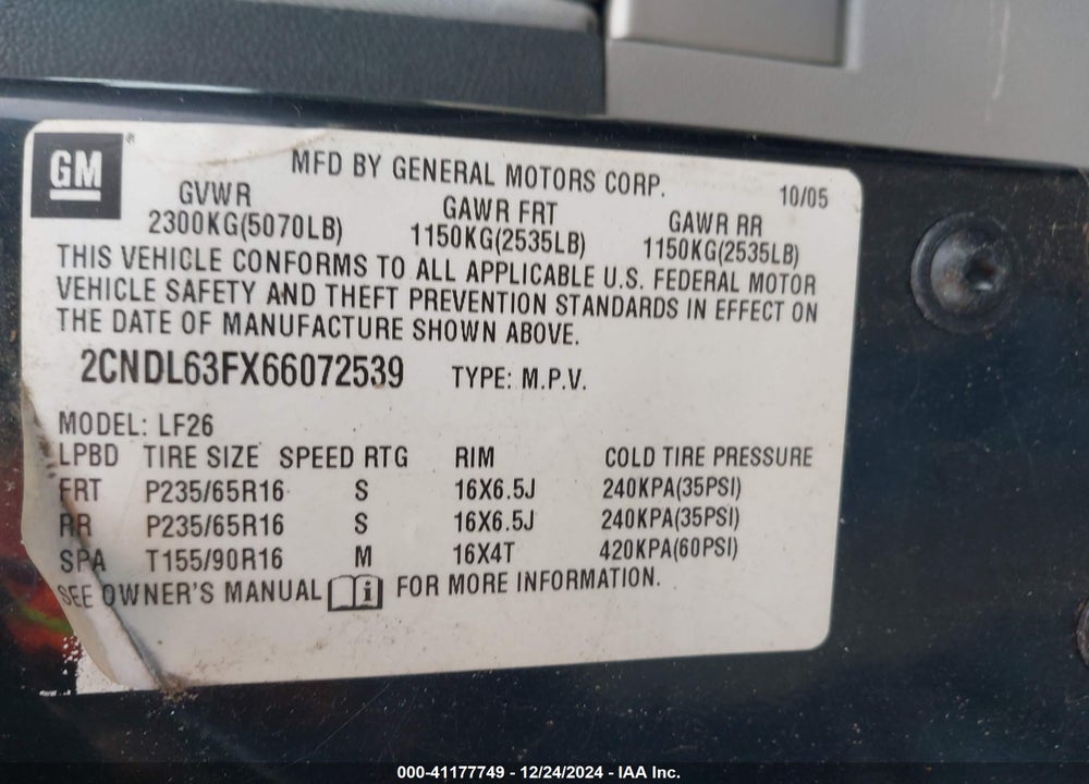 2006 CHEVROLET EQUINOX LT VIN: 2CNDL63FX66072539