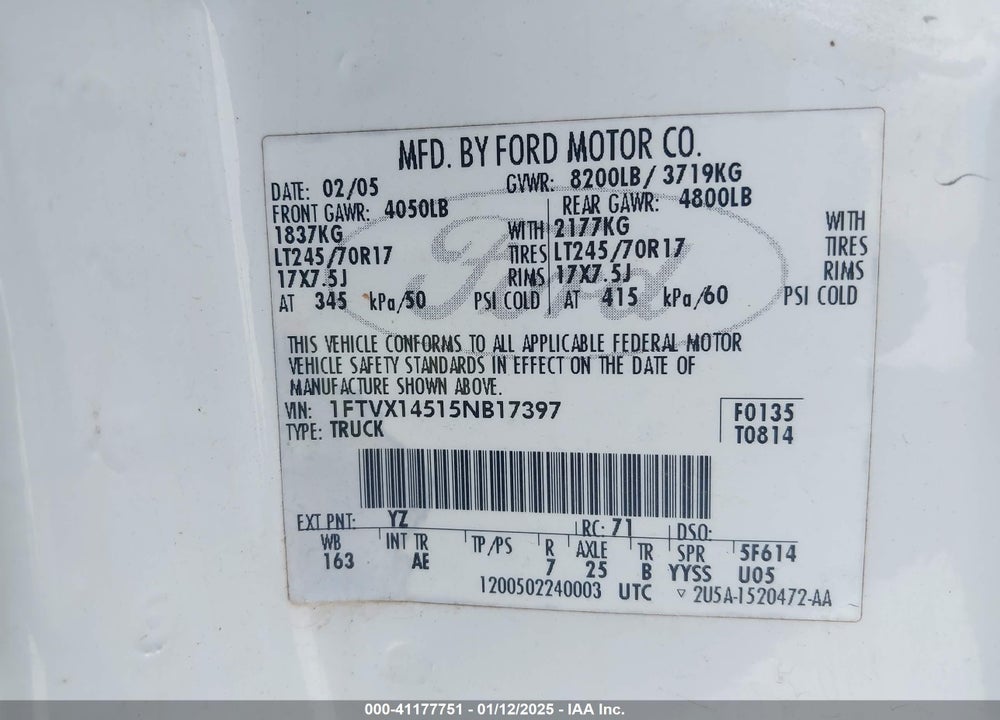 2005 FORD F-150 FX4/LARIAT/XL/XLT VIN: 1FTVX14515NB17397