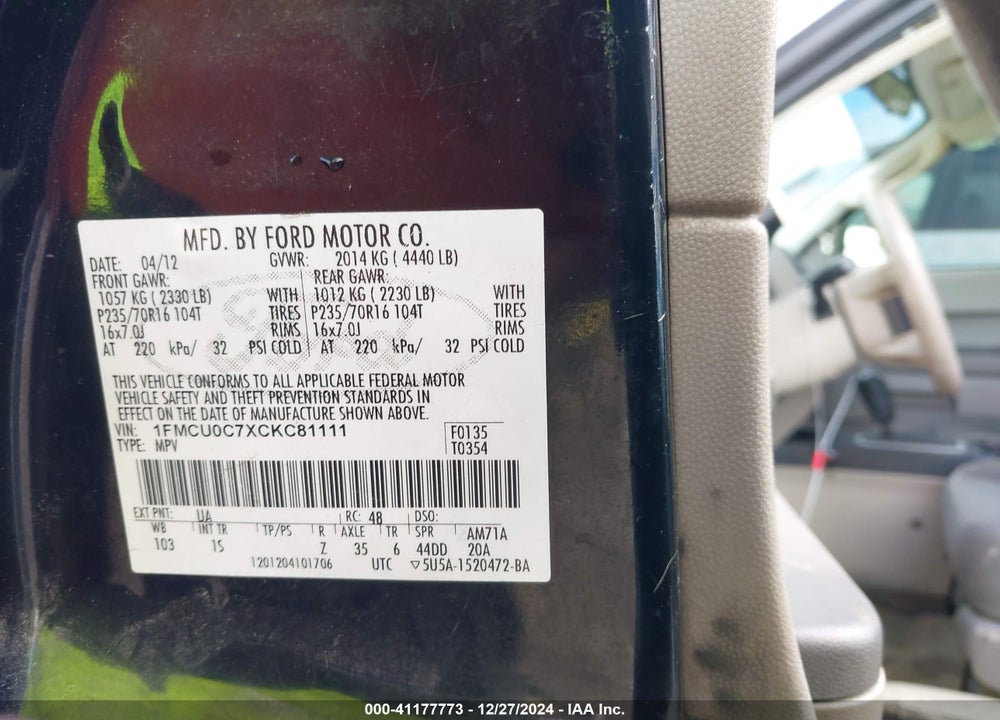 2012 FORD ESCAPE XLS VIN: 1FMCU0C7XCKC81111