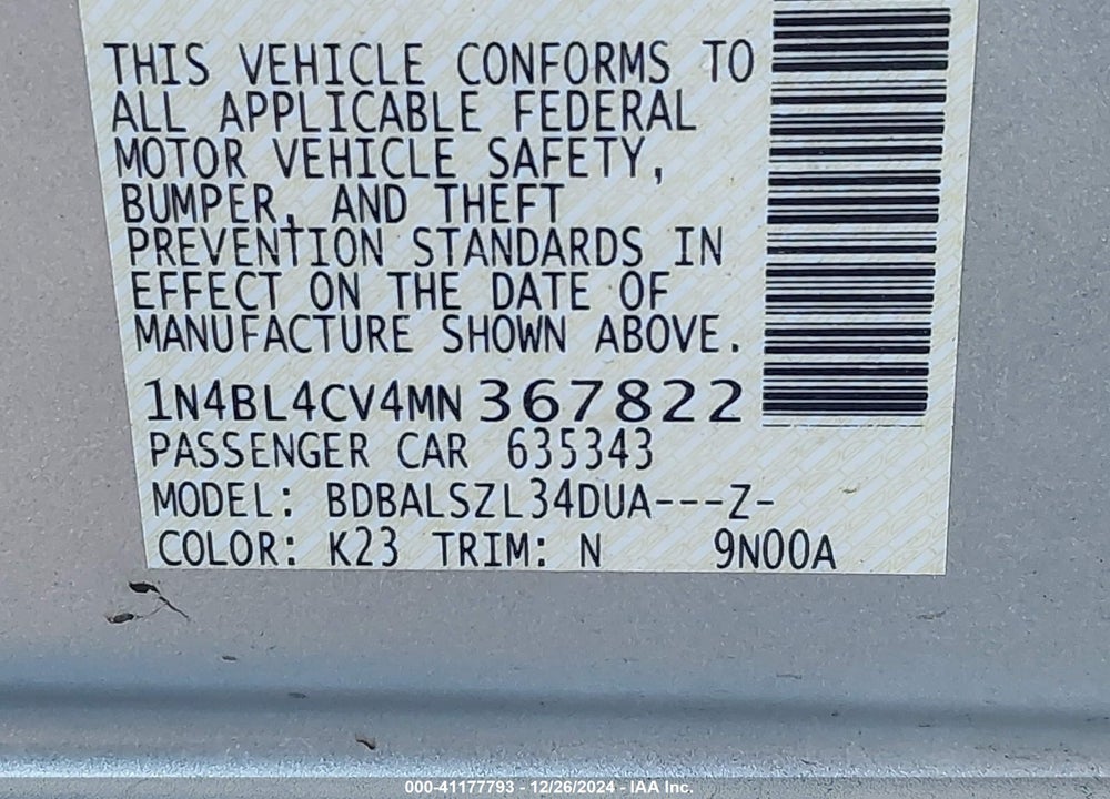 2021 NISSAN ALTIMA VIN: 1N4BL4CV4MN367822