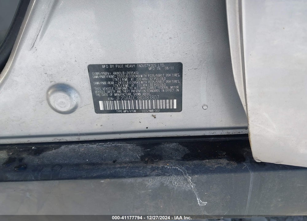 2011 SUBARU FORESTER 2.5X PREMIUM VIN: JF2SHADC3BG783807
