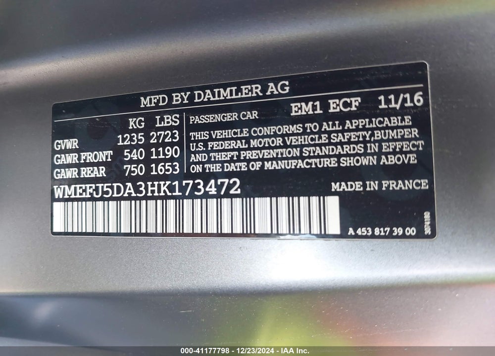 2017 SMART FORTWO VIN: WMEFJ5DA3HK173472