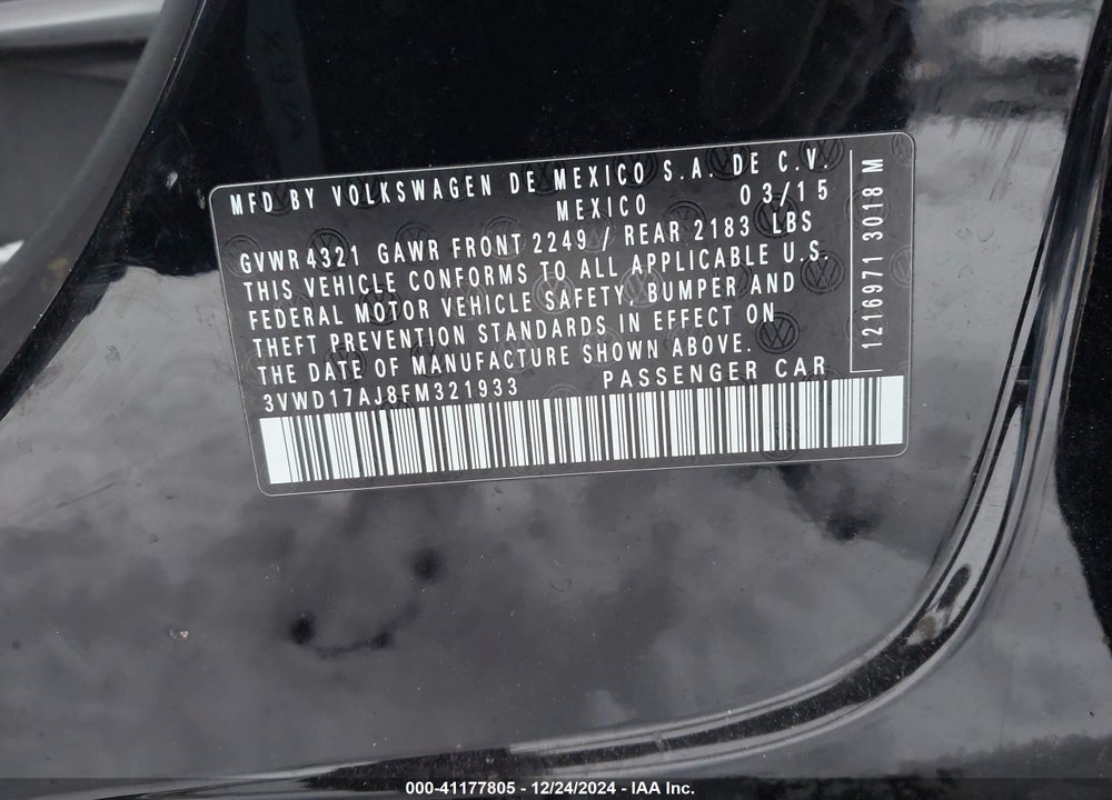 2015 VOLKSWAGEN JETTA 1.8T SE VIN: 3VWD17AJ8FM321933